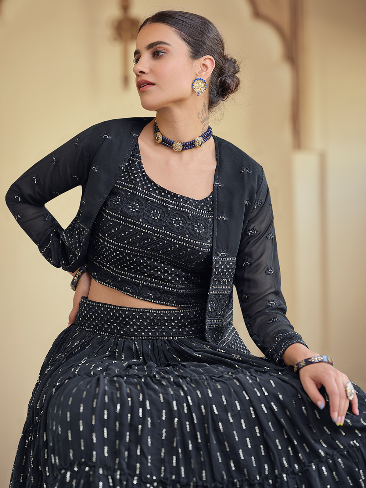 Odette Women Dark Blue Embroidered Georgette Semi Stitched Lehenga With Unstitched Blouse