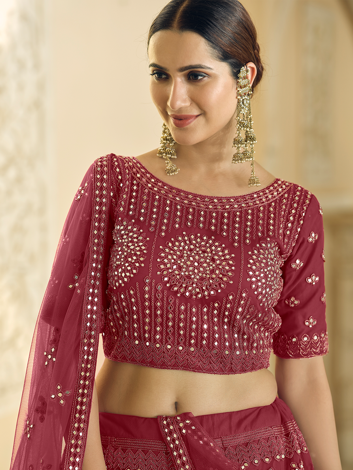 Odette Women Maroon Soft Net Semi Stitched Lehenga With Unstitched Blouse