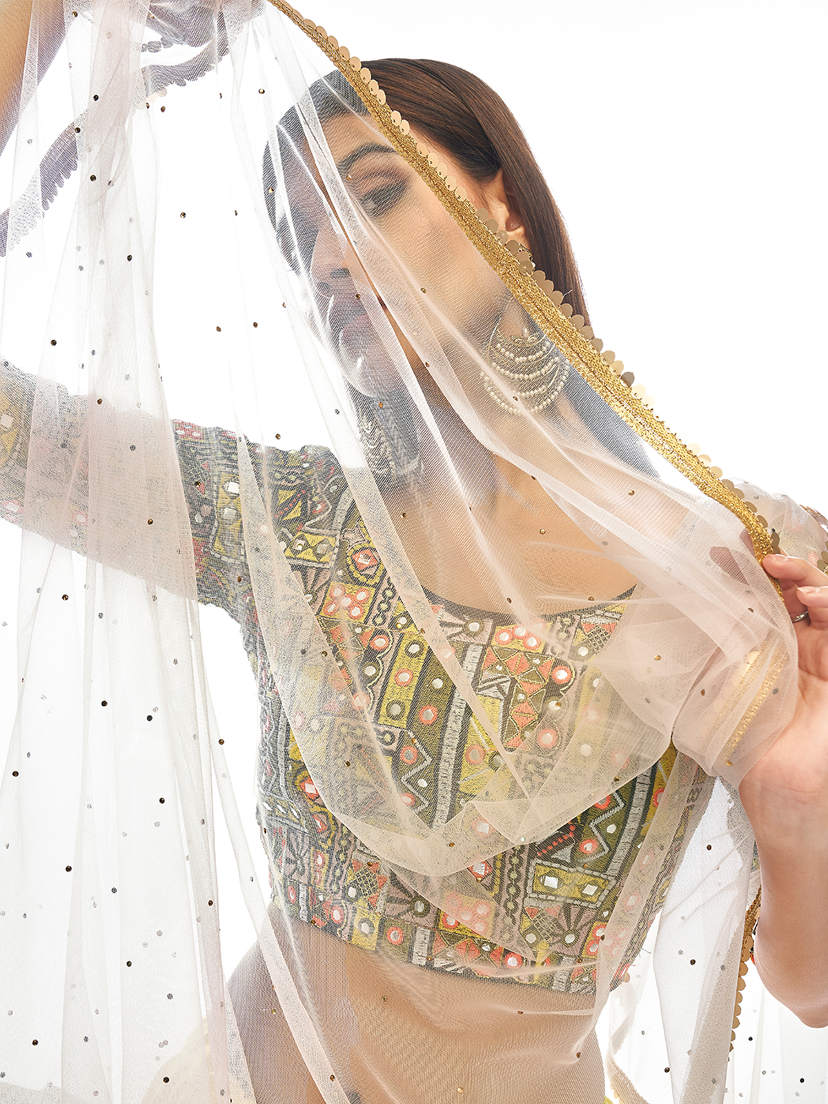 Odette Women Multicolored Embroidered Velvet Semi Stitched Lehenga With Unstitched Blouse