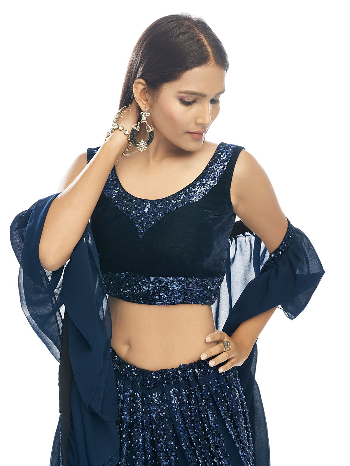 Odette Dark Blue Embroidered Velvet Semi Stitched Lehenga With Unstitched Blouse For Women