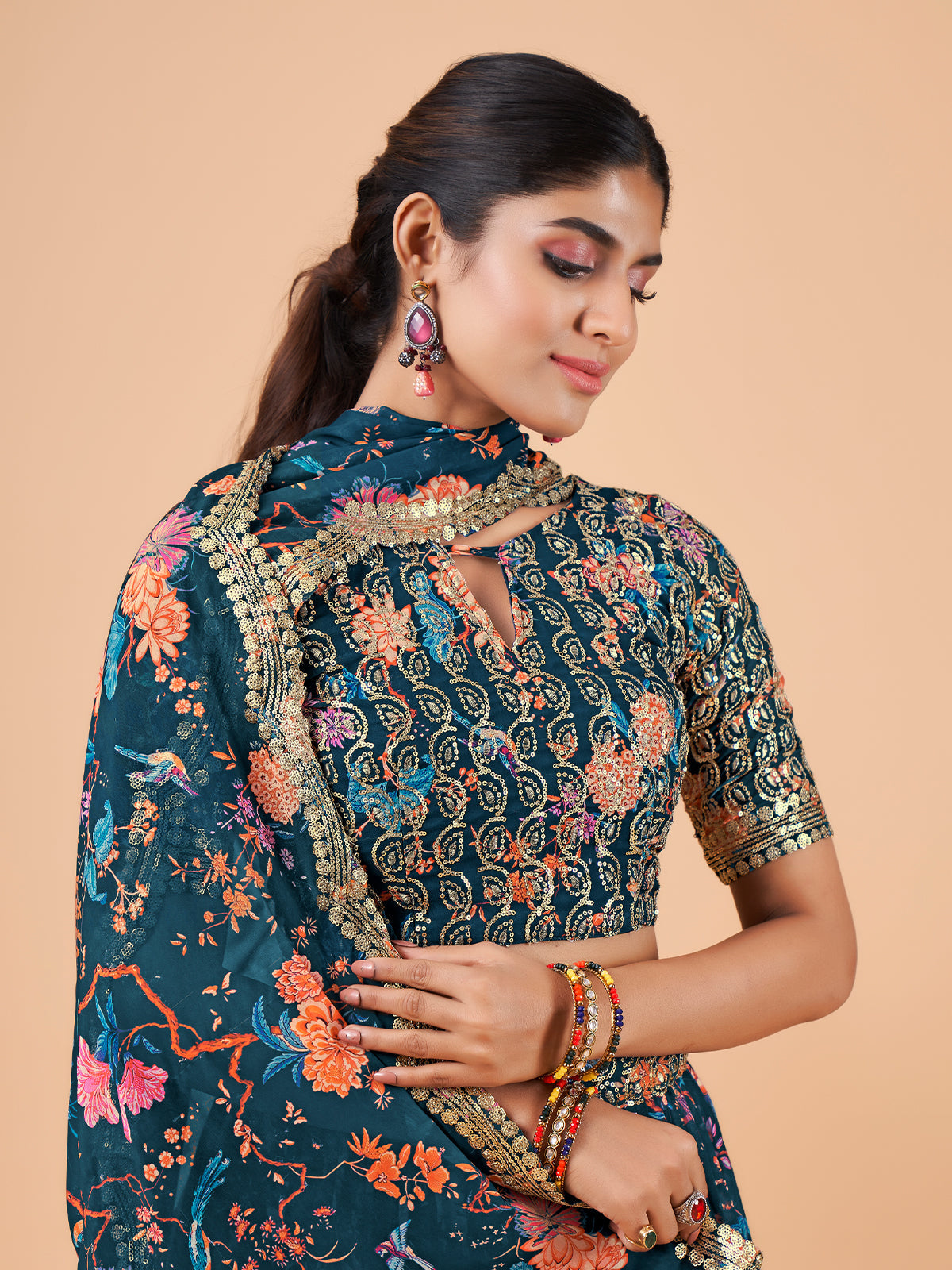 Odette Women Teal Printed And Embroidered Semi Stitched Lehenga With Unstitched Blouse