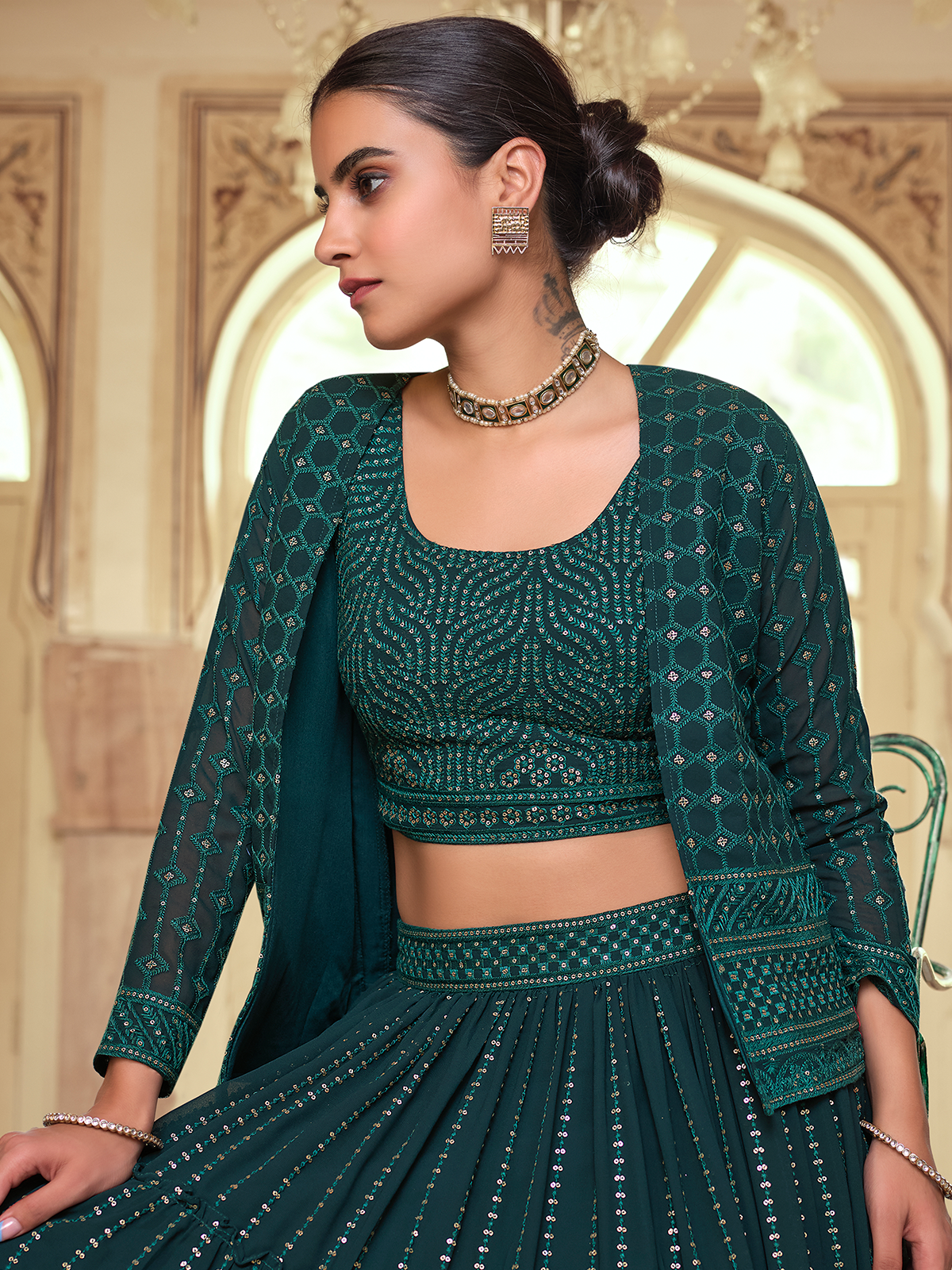 Odette Women Dark Green Embroidered Georgette Semi Stitched Lehenga With Unstitched Blouse