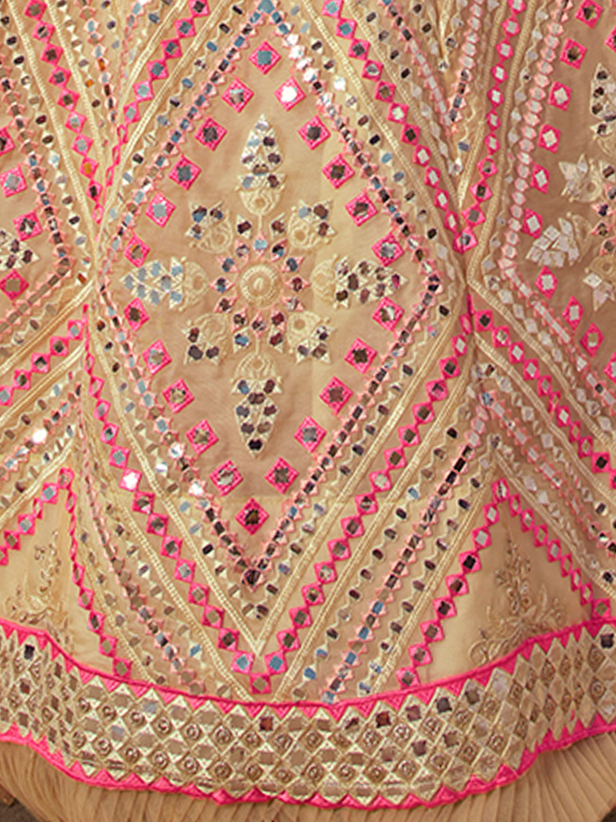 Odette Beige Embroidered Organza Semi Stitched Lehenga With Blouse For Women