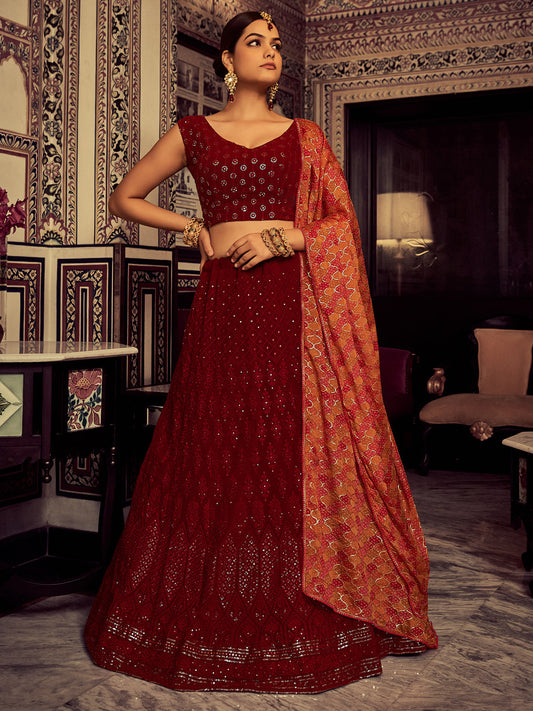Odette Women Stylish Maroon Embroidered Georgette Semi Stitched Lehenga With Blouse Piece