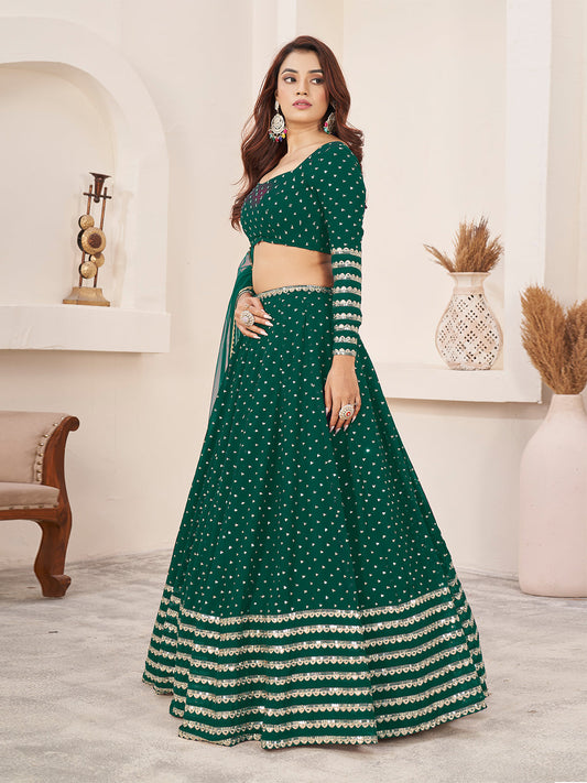Odette Teal Georgette Embellished Semi Stitched Lehenga With Unstitched Blouse For Women