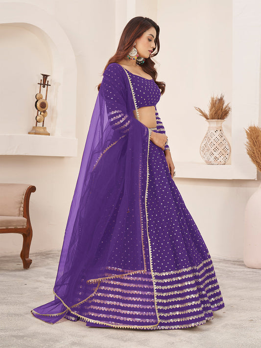 Odette Violet Georgette Embellished Semi Stitched Lehenga With Unstitched Blouse For Women