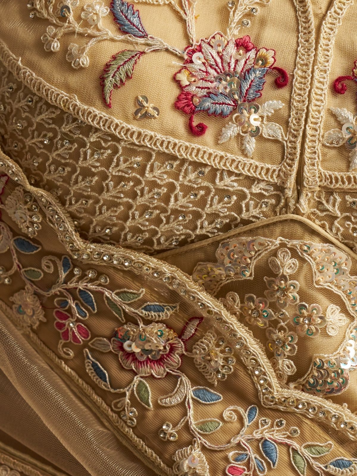 Odette Cream Net Embroidered Semi-Stitched Lehenga For Women