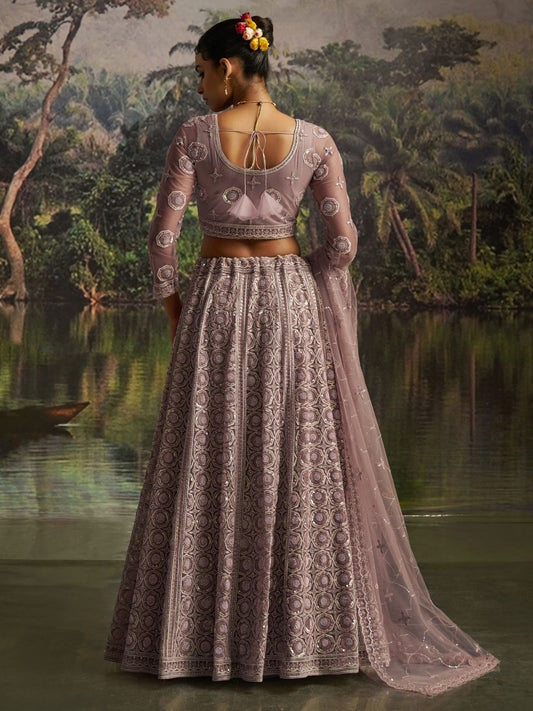 Odette Dusty Mauve Net Embellished Semi-Stitched Lehenga For Women