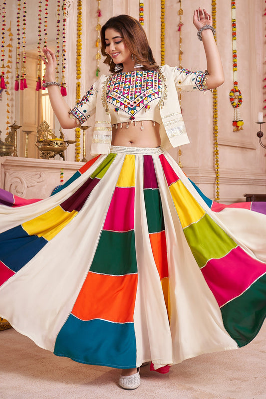 Multi Colored Viscose Patch Worked Chaniya Choli with Jacket