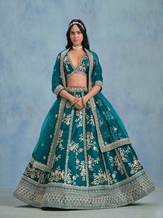 Odette Teal Art Silk Embroidered Semi-Stitched lehenga For Women