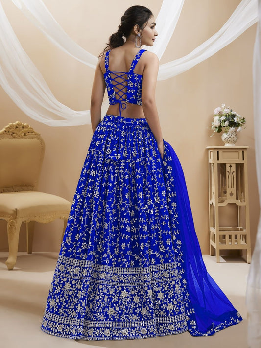 Odette Blue Georgette Embroidered Semi-Stitched Lehenga For Women