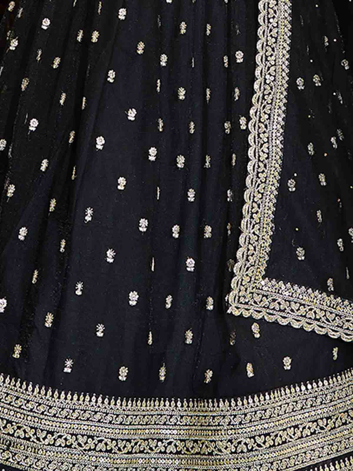 Odette Black Embroidered Soft Net Semi Stitched Lehenga With Blouse For Women