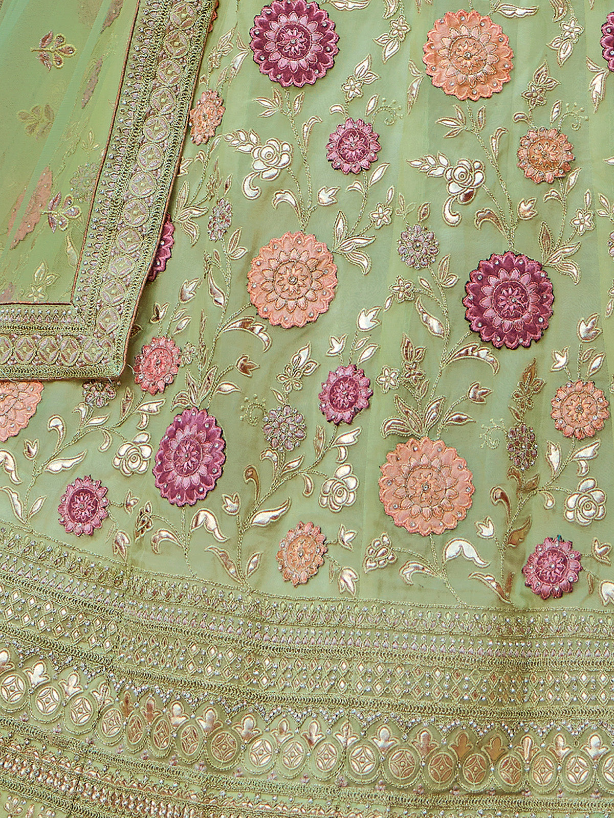 Odette Olive Embroidered Organza Semi Stitched Lehenga With Blouse For Women