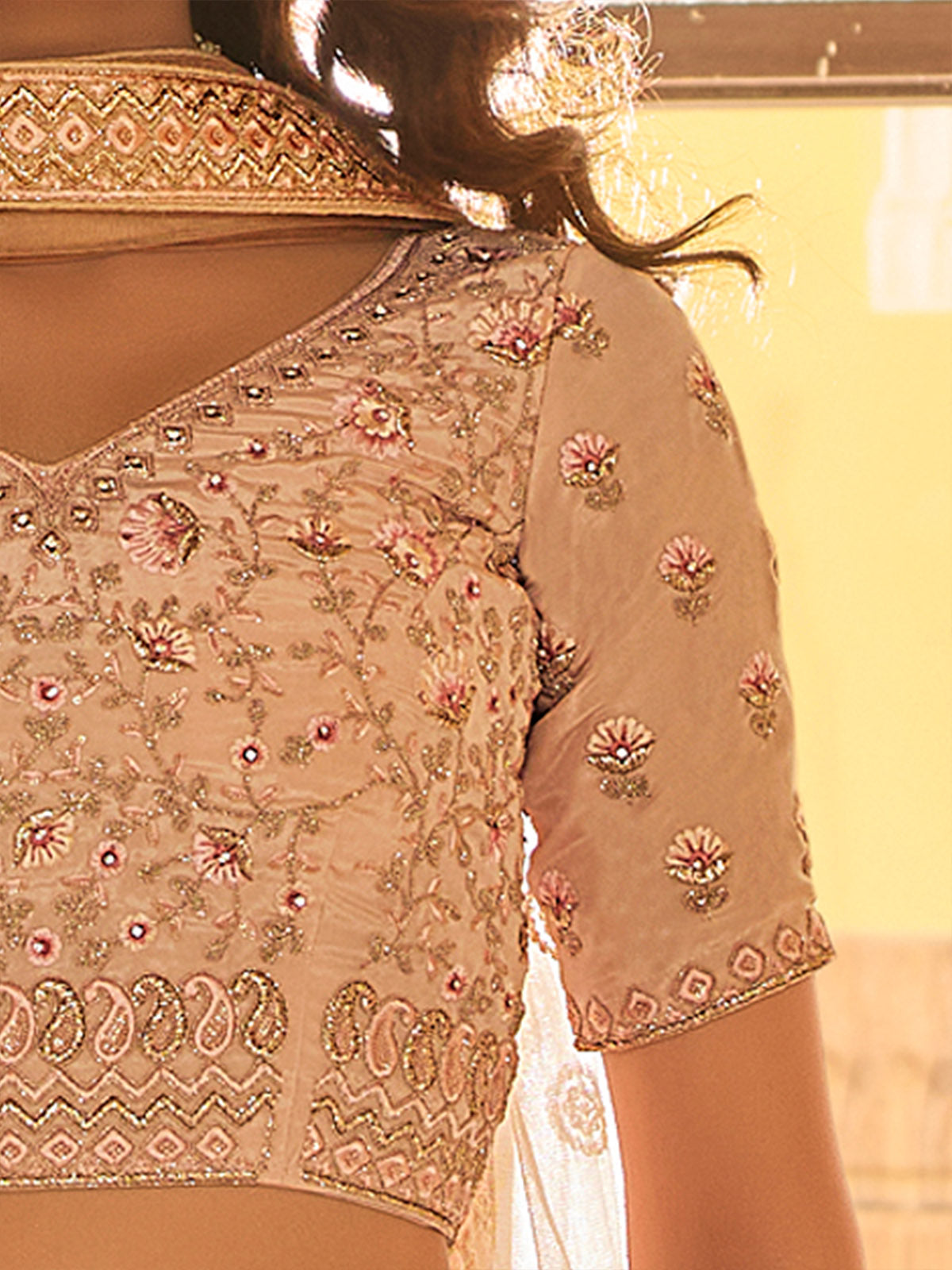 Odette Peach Embroidered Crepe Semi Stitched Lehenga With Blouse For Women