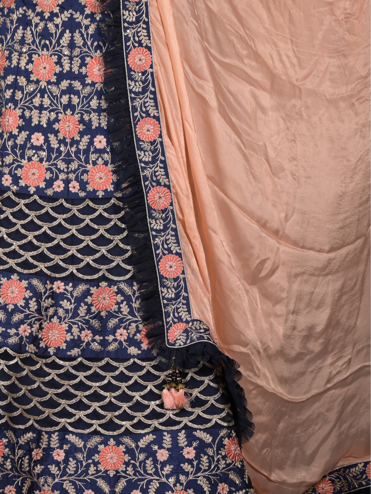 Odette Dark Blue Zari Embroidered Silk Blend Semi-Stitched Lehenga with Stitched Blouse for Women