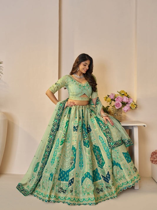 Odette Light Green Banarasi Silk Embroidered Semi-Stitched Lehenga For Women