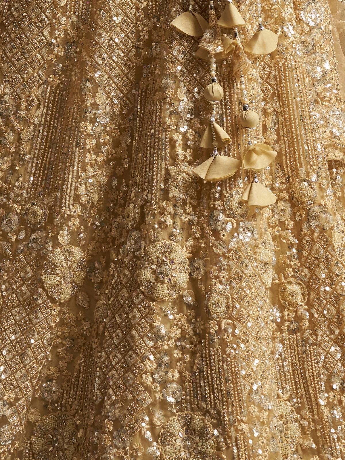 Odette Beige Net Embellished Semi-Stitched Lehenga For Women