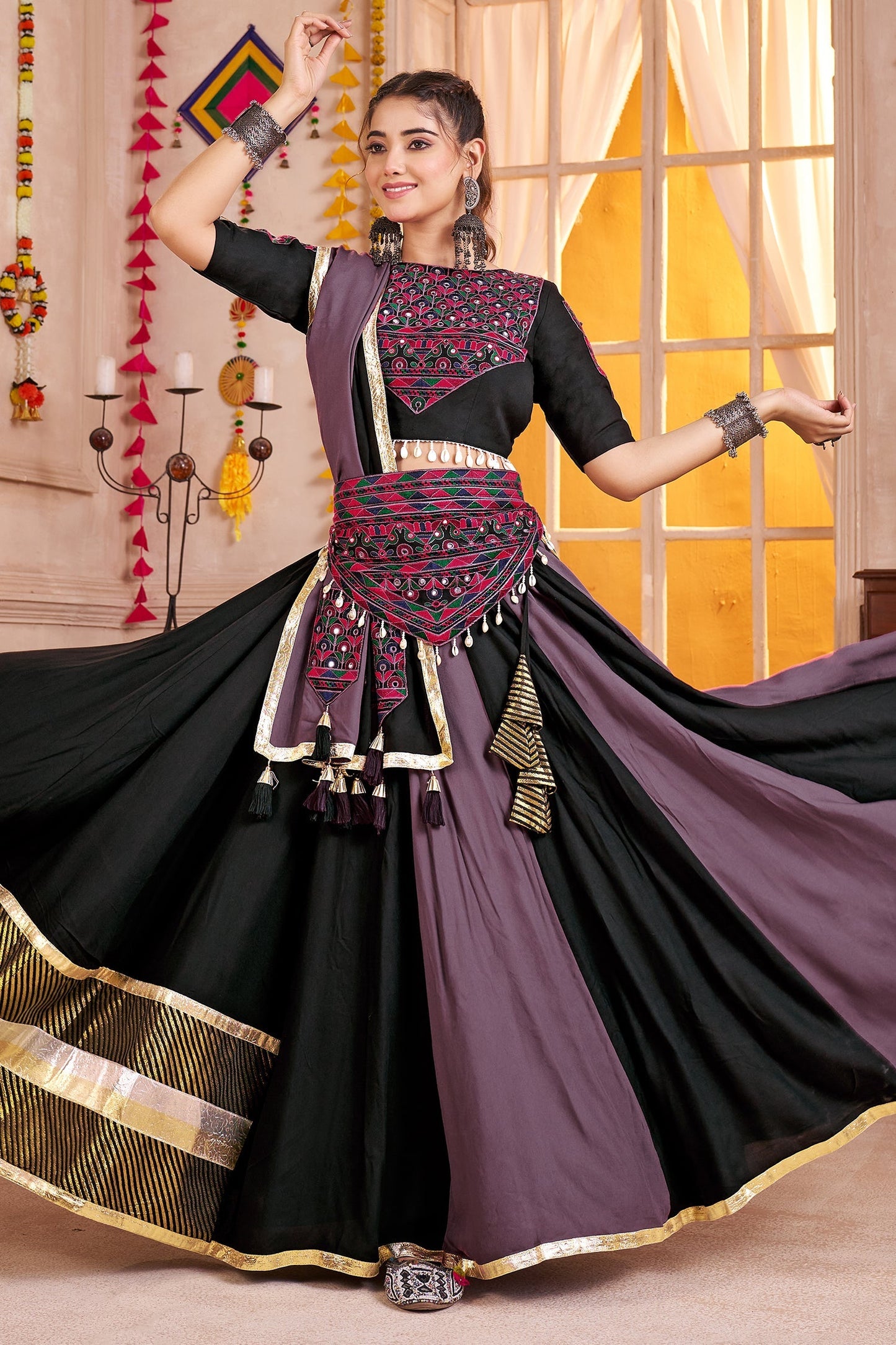 Multi Colored Viscose Flared Printed Chaniya Choli with Kachchi Work Dupatta