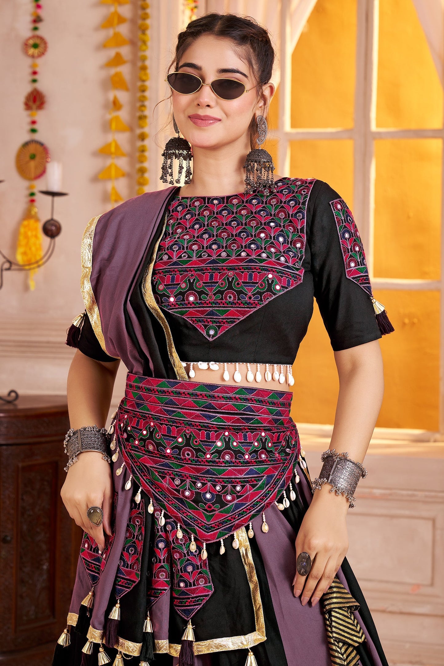 Multi Colored Viscose Flared Printed Chaniya Choli with Kachchi Work Dupatta