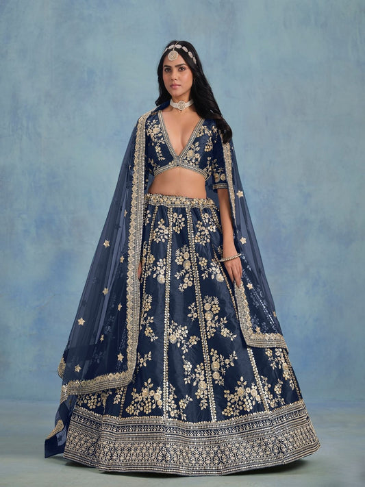 Odette Navy Blue Art Silk Embroidered Semi-Stitched lehenga For Women