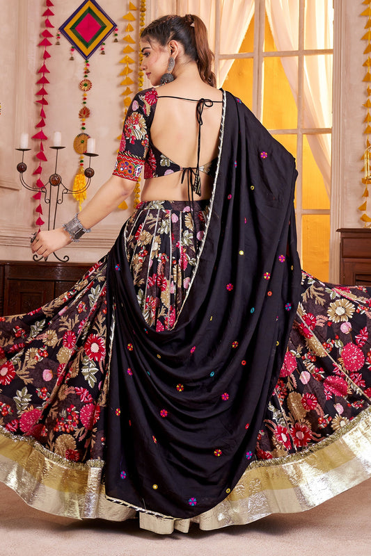 Black Viscose Flared Printed Chaniya Choli with Lampi Border