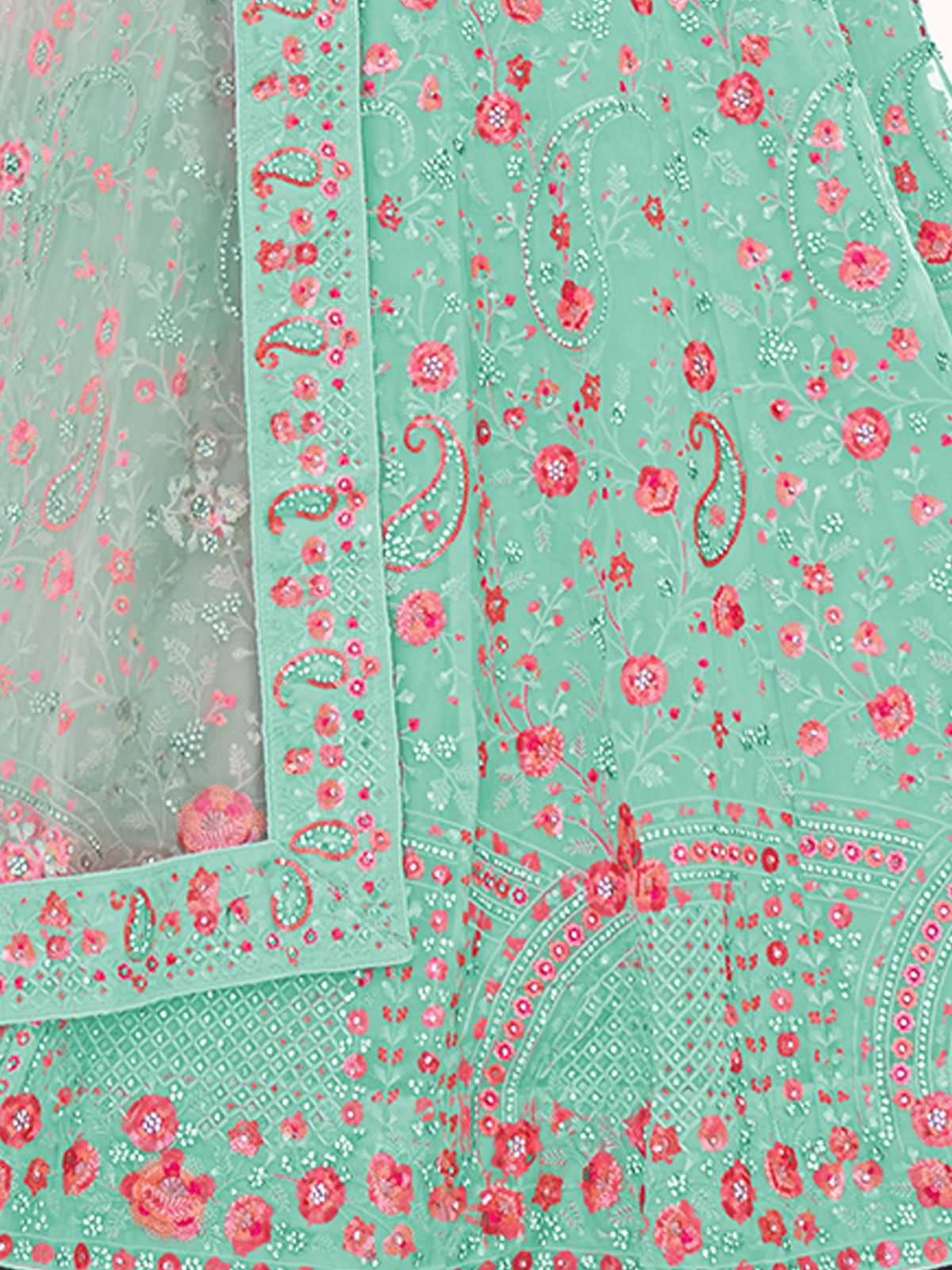 Odette Sea Green Embroidered Soft Net Semi Stitched Lehenga With Blouse For Women