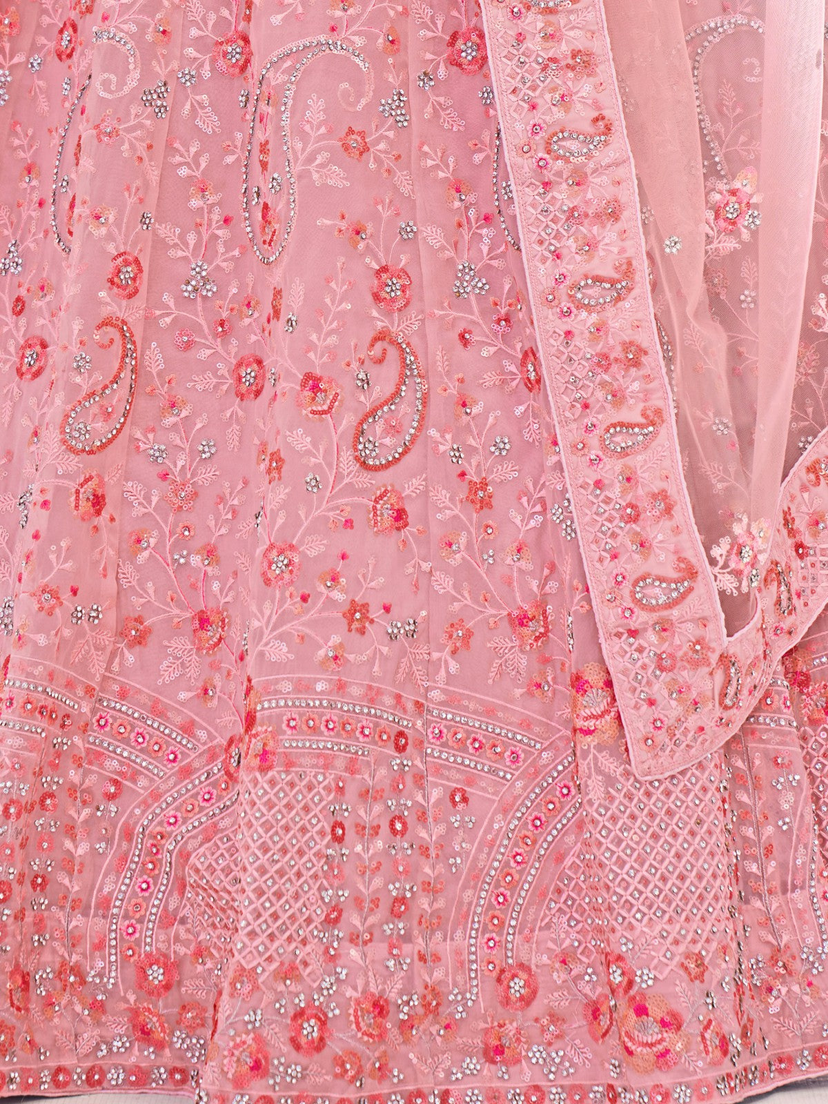 Odette Pink Embroidered Soft Net Semi Stitched Lehenga With Blouse For Women