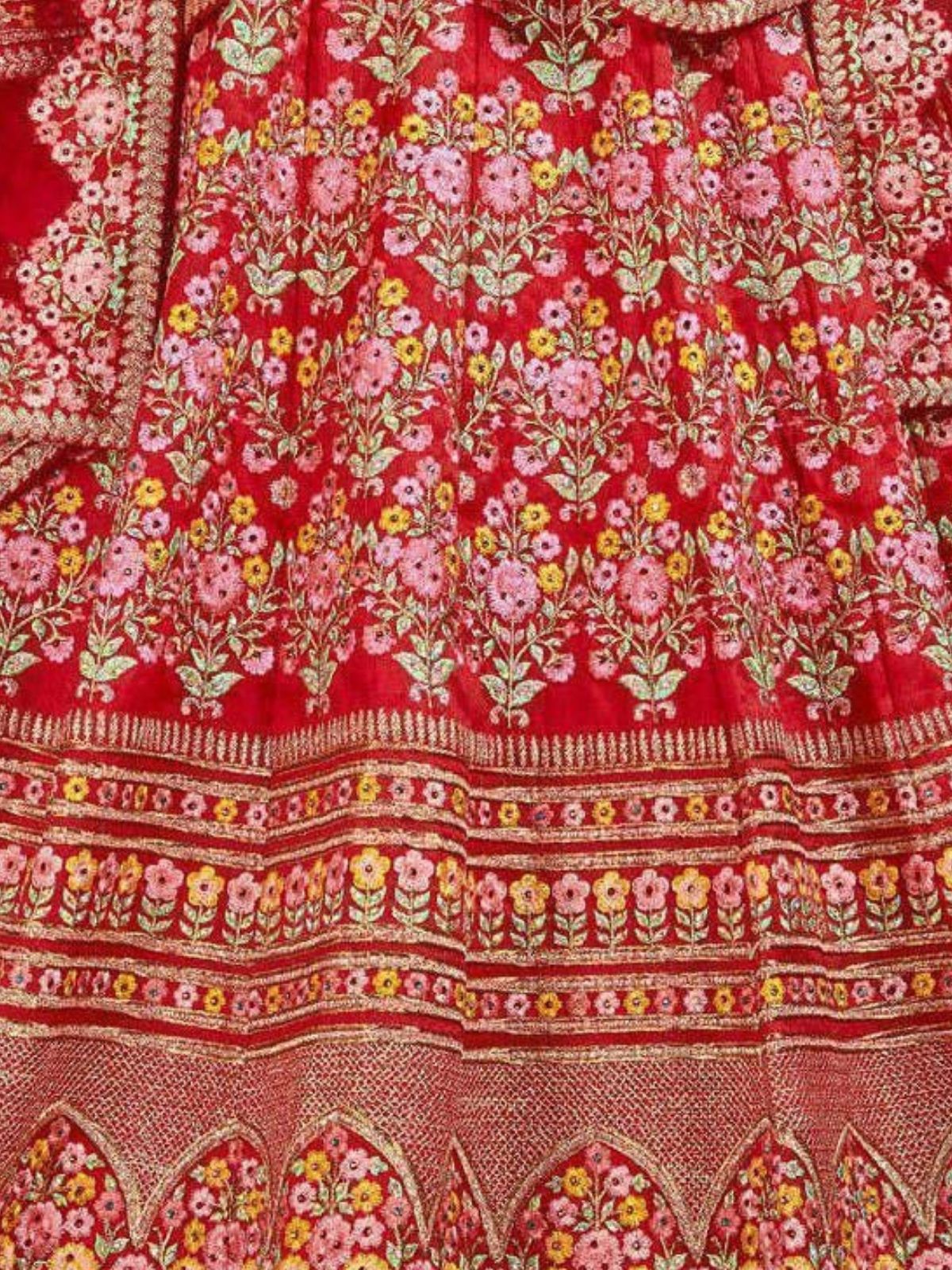Odette Red Art Silk Embroidered Semi-Stitched lehenga For Women
