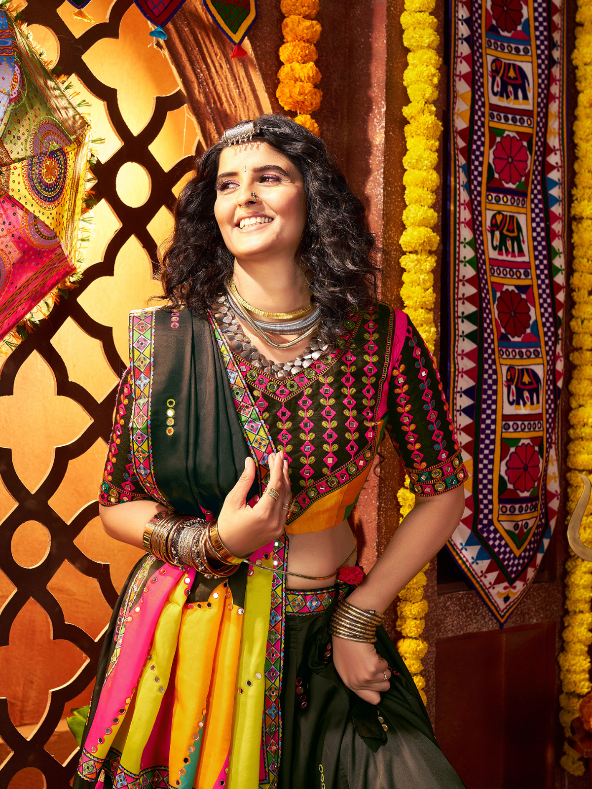 Odette Black Silk Blend Printed Semi-Stitched Lehenga For Women