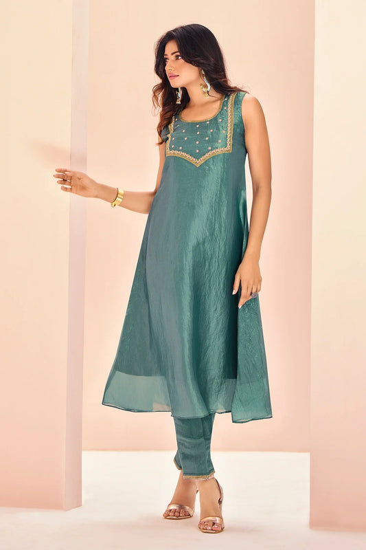 Aqua Blue Organza Kurti with Pant
