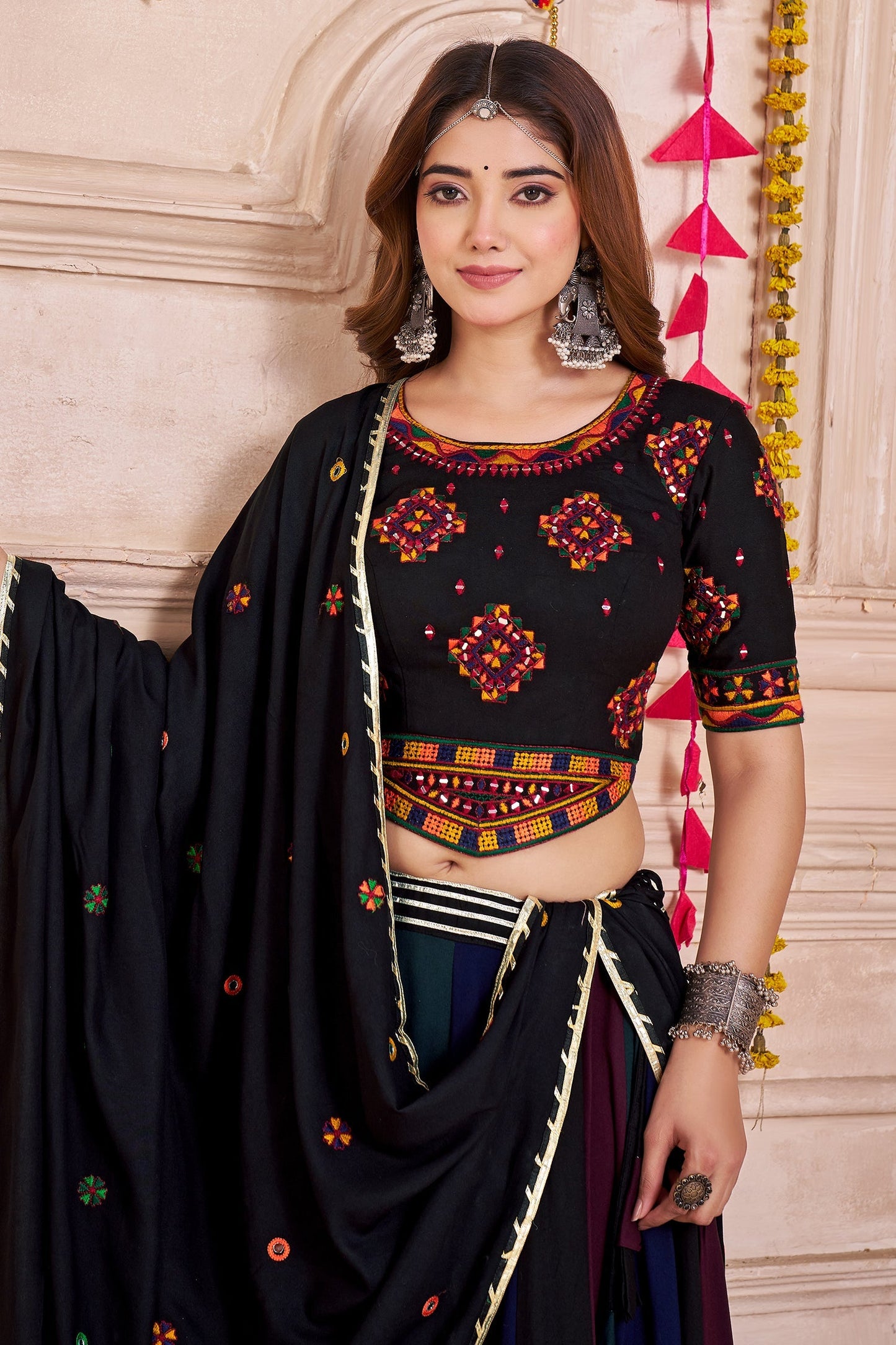 Multi Colored Viscose Cotton Flared Chaniya Choli with Lace