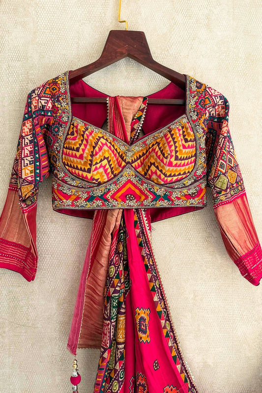 Multi Colored Gaji Silk Printed Lehenga