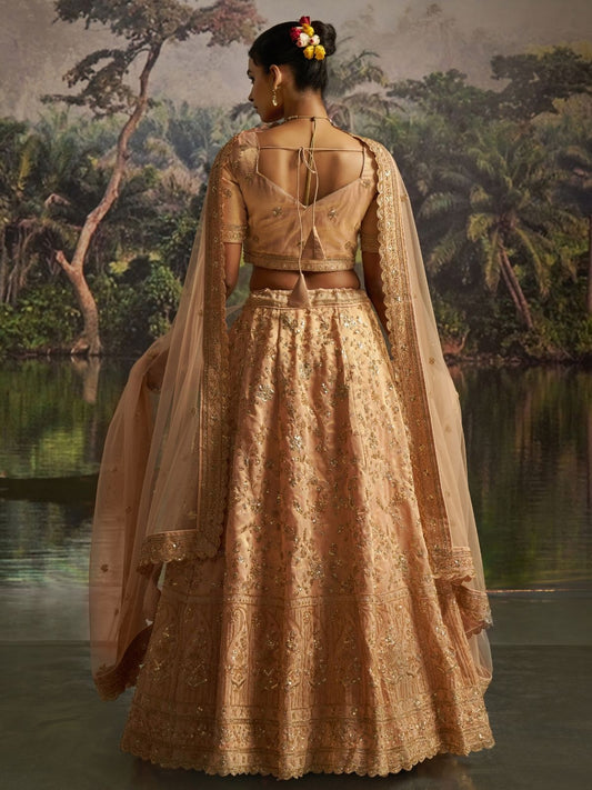 Odette Golden Beige Net Embellished Semi-Stitched Lehenga For Women