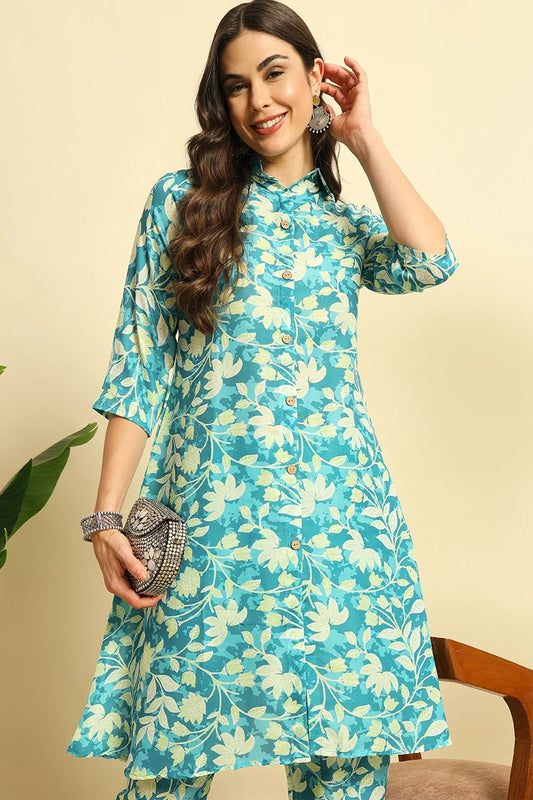 Aqua Green Cotton Floral Printed Kurti Set