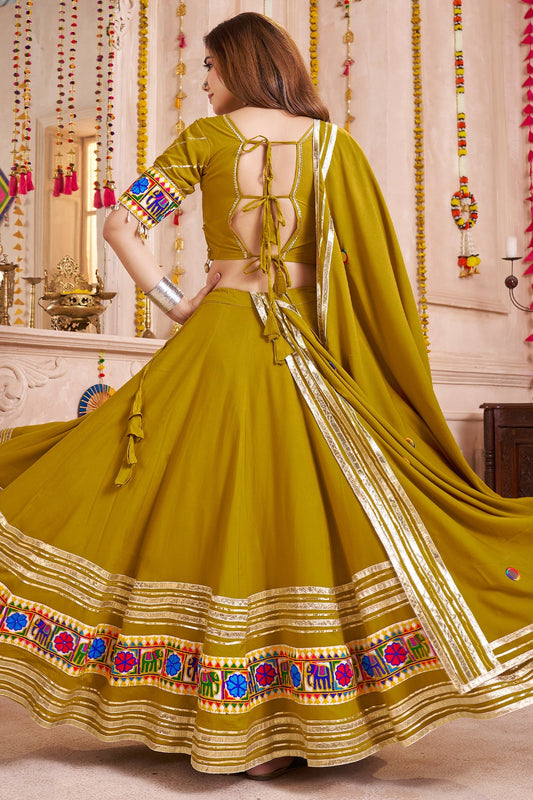 Olive Green Viscose Flared Chaniya Choli with Lampi Border