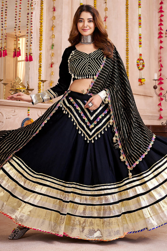 Black Viscose Flared Chaniya Choli with Lampi Border