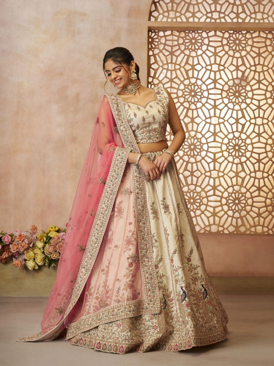 Odette Off White Silk Blend Embroidered Semi-Stitched Lehenga For Women