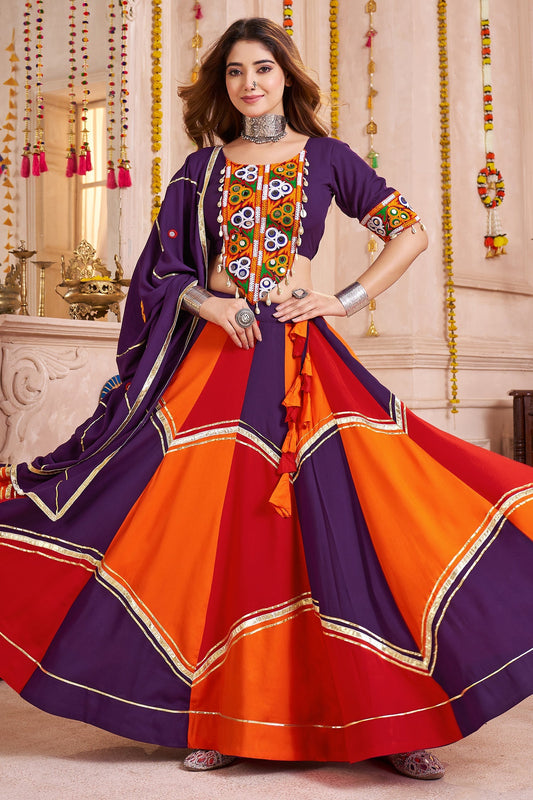 Multi Colored Viscose Flared Chaniya Choli with Lampi Border