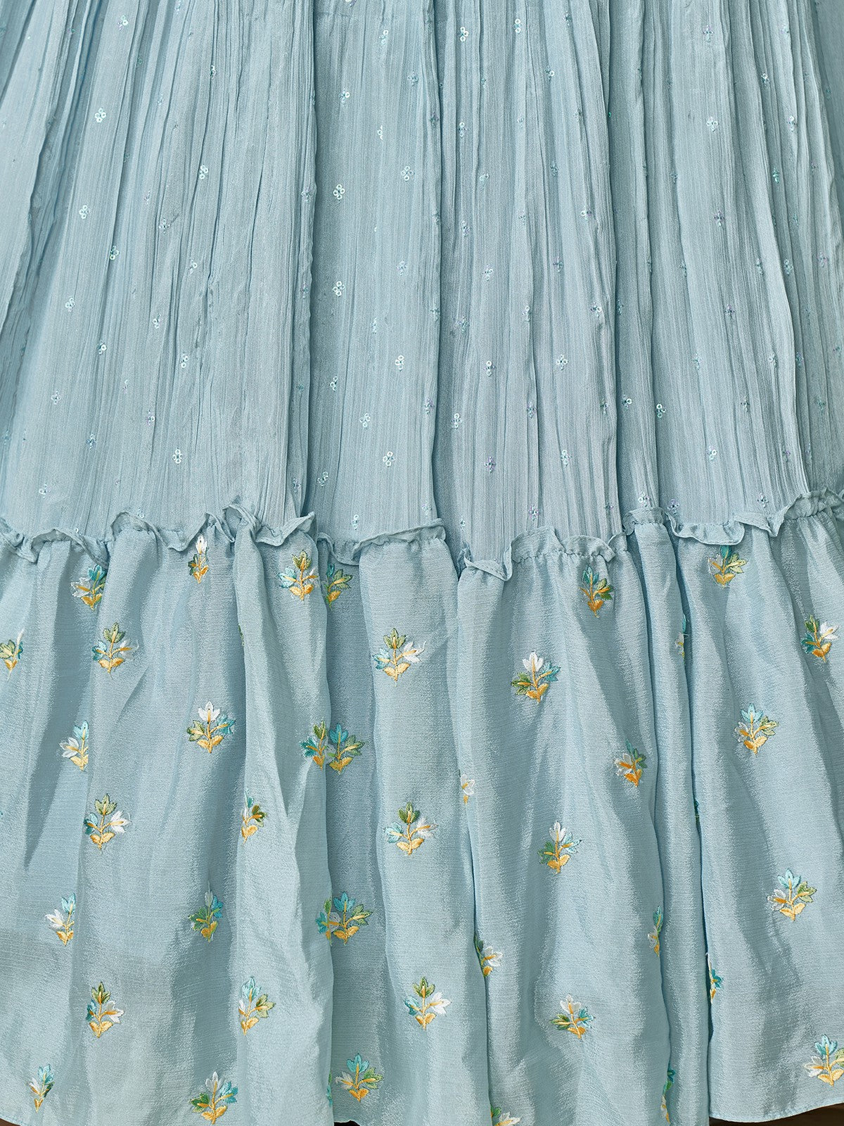 Odette Blue Embroidered Chiffon Stitched Lehenga With Blouse For Women