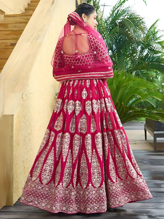 Odette Cherry Red Georgette Embroidered Semi-Stitched Lehenga For Women