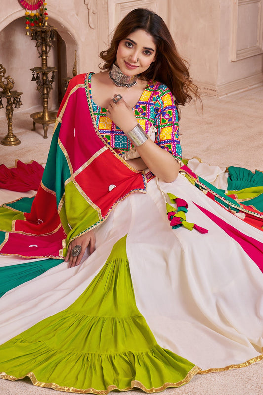 Off White and Multi Colored Viscose Flared Chaniya Choli with Lampi Border