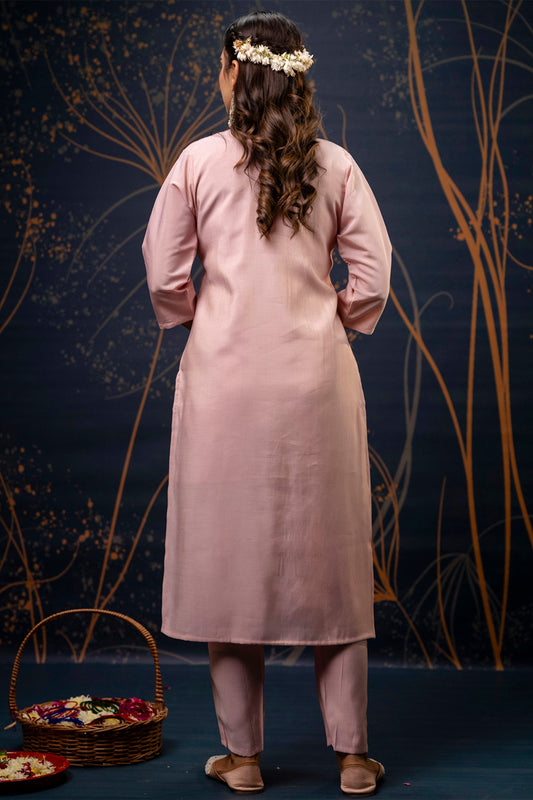 Baby Pink Shimmer Silk Straight Cut Kurti Set