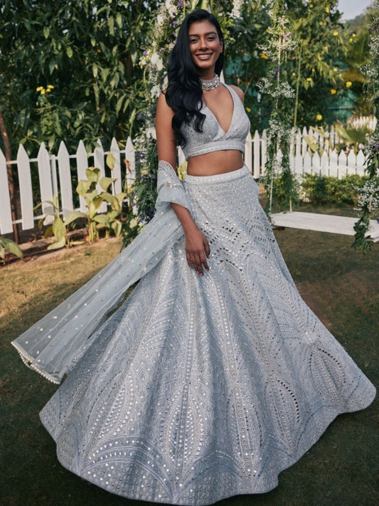 Odette Light Grey Silk Blend Embellished Semi-Stitched Lehenga For Women
