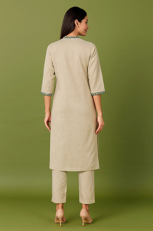 Beige Linen Embroidered Co-Ord Set