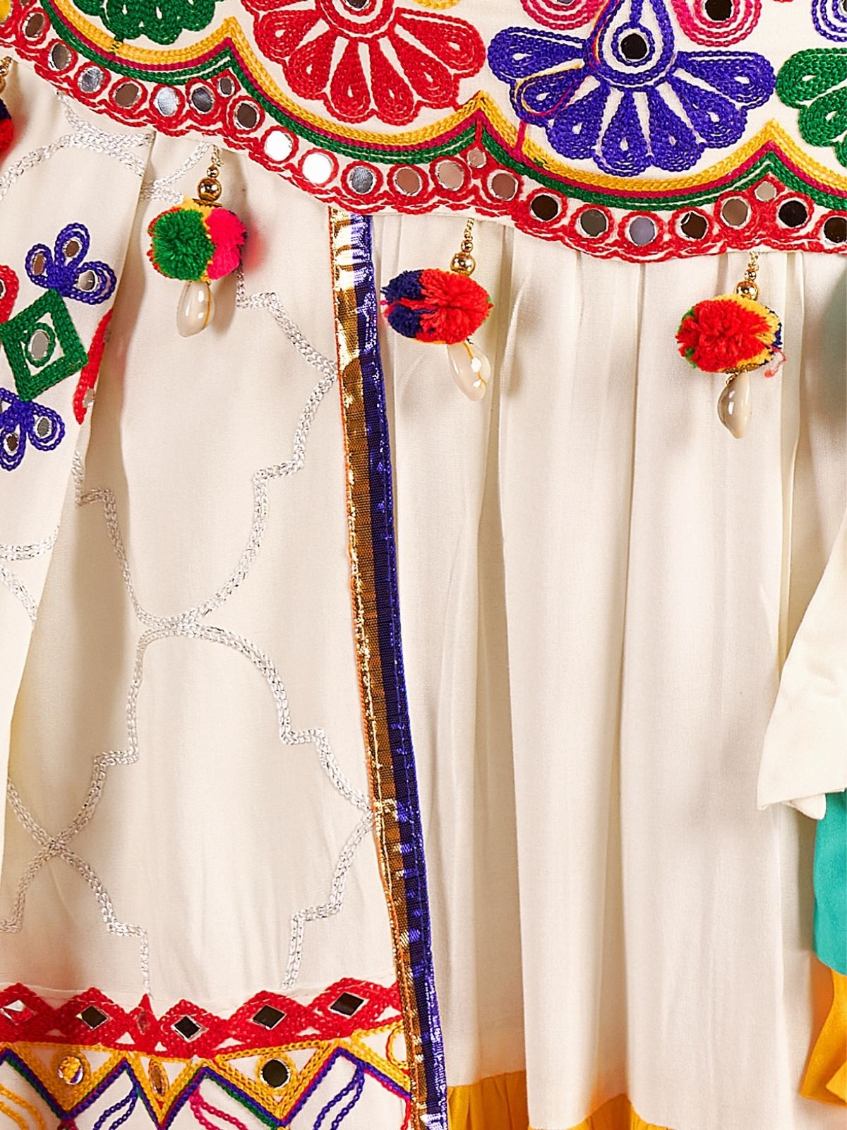 Odette Multicolor Viscose Cotton Embroidered Semi-Stitched lehenga With Stunning Tassels And Embroidered Waist Belt For Women