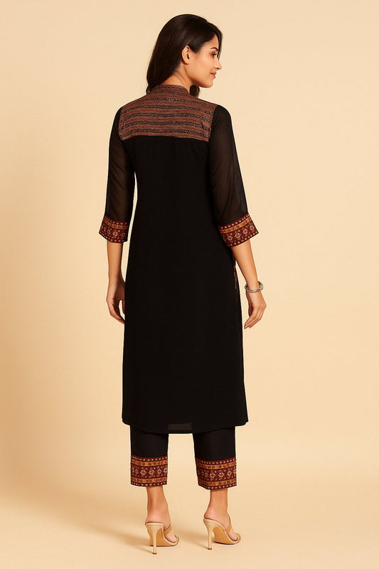 Black Georgette Straight Cut Kurti Set