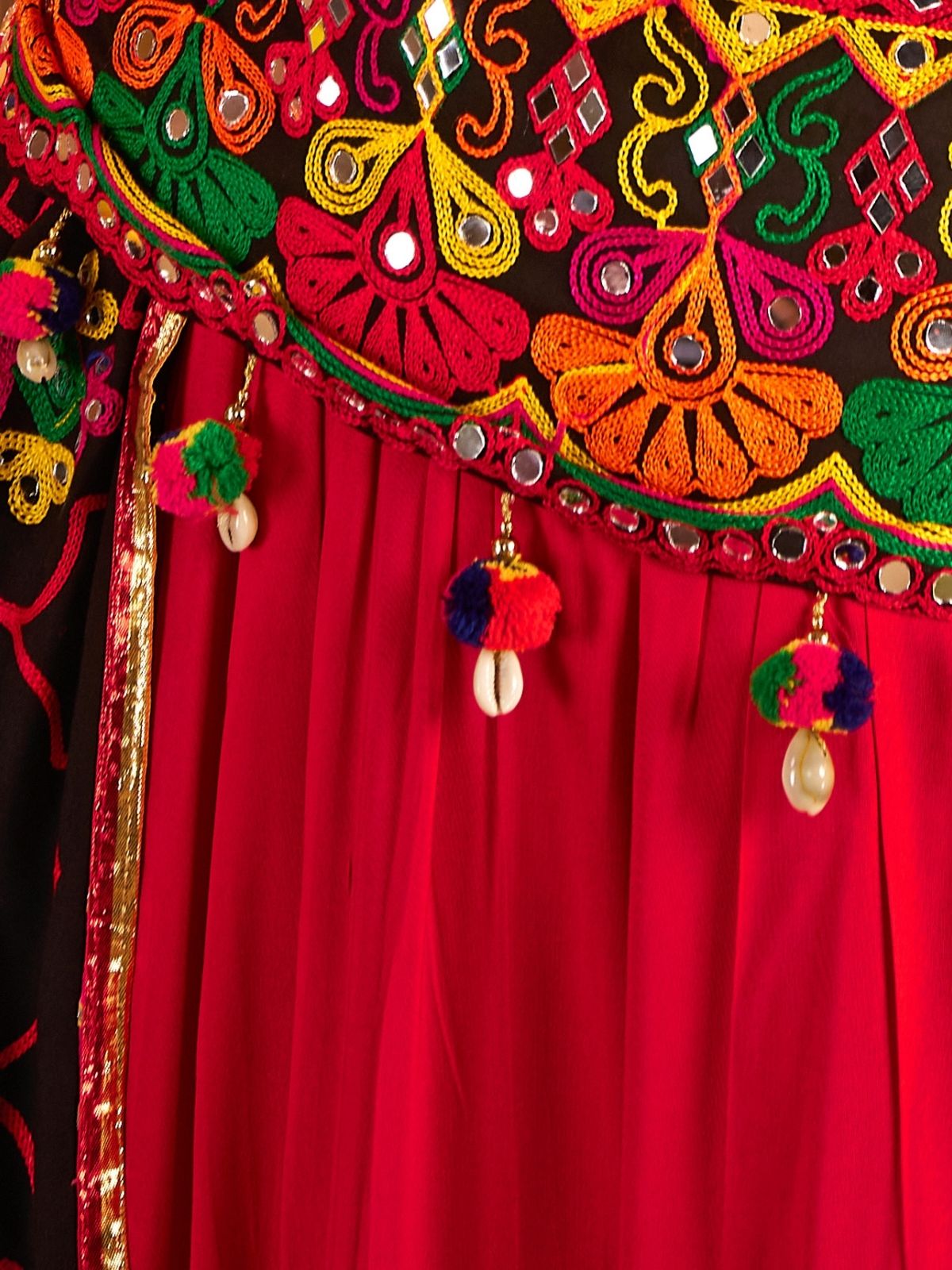 Odette Multicolor Viscose Cotton Embroidered Semi-Stitched lehenga With Stunning Tassels And Embroidered Waist Belt For Women