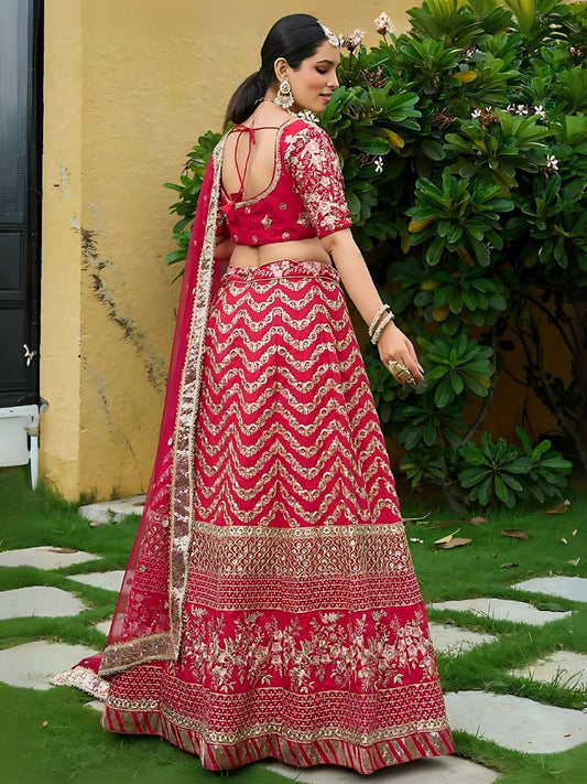 Odette Red Silk Blend Embroidered Semi-Stitched Lehenga For Women