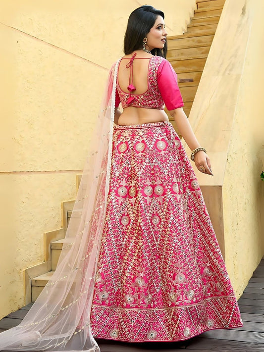 Odette Pink Silk Blend Embroidered Semi-Stitched Lehenga For Women