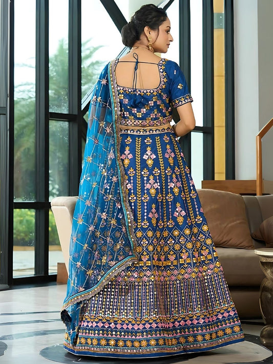Odette Blue Chinon Silk Embroidered Semi-Stitched Lehenga For Women
